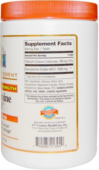 補充劑，氨基葡萄糖 - 21st Century, Glucosamine Relief, Maximum Strength, 1.000 mg, 400 Tablets