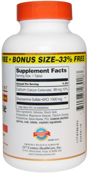 補充劑，氨基葡萄糖 - 21st Century, Glucosamine Relief, Maximum Supplement, 1.000 mg, 240 Tablets