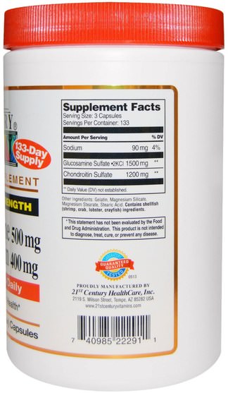 補充劑，氨基葡萄糖軟骨素 - 21st Century, Glucosamine 500 mg, Chondroitin 400 mg, Double Strength, 400 (Easy Swallow) Capsules