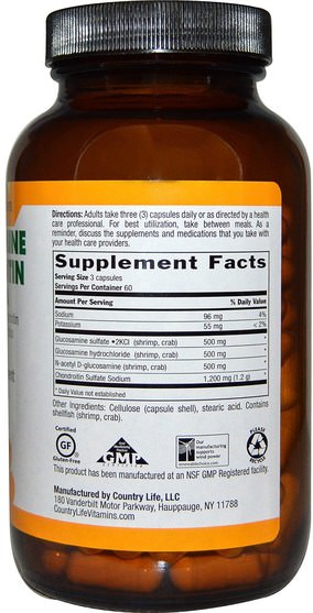 補充劑，氨基葡萄糖軟骨素 - Country Life, Glucosamine Chondroitin Formula, 180 Capsules
