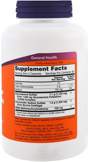 補充劑，氨基葡萄糖軟骨素 - Now Foods, Glucosamine & Chondroitin with MSM, 180 Capsules