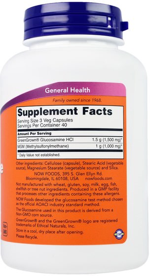 補充劑，氨基葡萄糖軟骨素 - Now Foods, Glucosamine & MSM, Vegetarian, 120 Veg Capsules