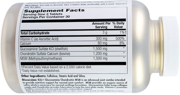 補充劑，氨基葡萄糖 - KAL, Glucosamine Chondroitin MSM, Sodium Free, 90 Tablets