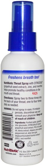 補充劑，葡萄柚籽提取物，感冒和病毒，喉嚨護理噴霧 - NutriBiotic, Throat Spray, 4 fl oz (118 ml)