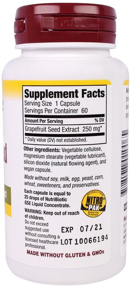 補充劑，葡萄柚籽提取物 - NutriBiotic, Grapefruit Seed Extract, 250 mg, 60 Capsules