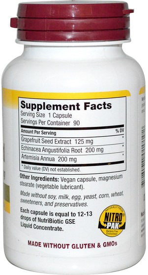 補充劑，葡萄柚籽提取物 - NutriBiotic, Grapefruit Seed Extract, With Echinacea & Artemisia Annua, 125 mg, 90 Veggie Caps