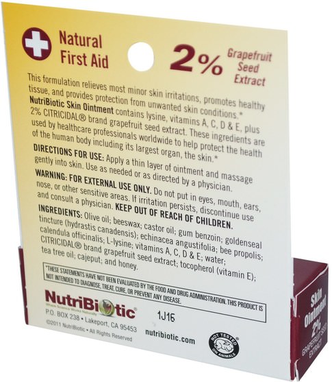 補充劑，葡萄柚籽提取物 - NutriBiotic, Skin Ointment, 2% Grapefruit Seed Extract with Lysine.5 fl oz (15 ml)