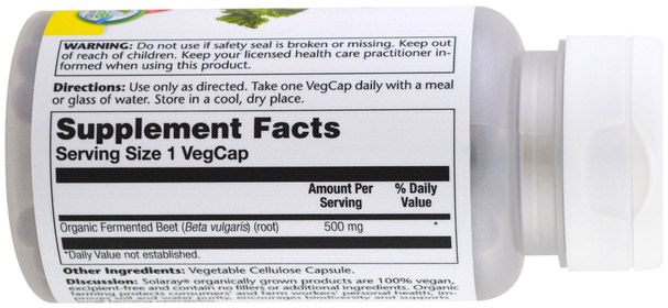 補品，草藥，甜菜粉根 - Solaray, Organically Grown Fermented Beet, 500 mg, 100 Veggie Caps