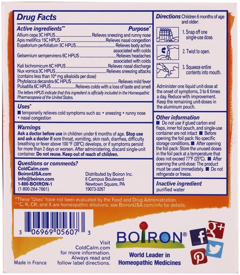 補品，順勢療法 - Boiron, ColdCalm, 5 Single Oral Liquid Doses.034 fl oz Each