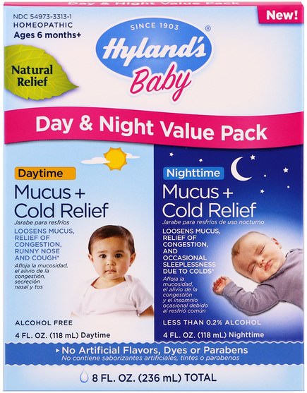 補品，順勢療法，兒童健康 - Hylands, Mucus + Cold Relief, Day & Night Value Pack, Ages 6 Months+, 4 fl oz (118 ml) Each