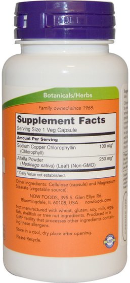 補充劑，內部除臭劑，苜蓿 - Now Foods, Chlorophyll, 100 mg, 90 Veggie Caps