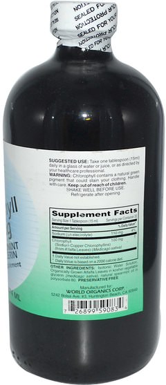 補充劑，內部除臭劑，留蘭香 - World Organic Liquid Chlorophyll, with Spearmint and Glycerin, 100 mg, 16 fl oz (474 ml)