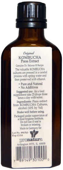 補品，康普茶 - Pronatura, Original Kombucha Press Extract, Sugar Free, 3.38 fl oz (100 ml)