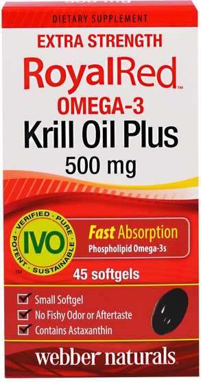 補充劑，磷蝦油 - Webber Naturals, RoyalRed Omega-3 Krill Oil Plus, Extra Strength, 500 mg, 45 Softgels