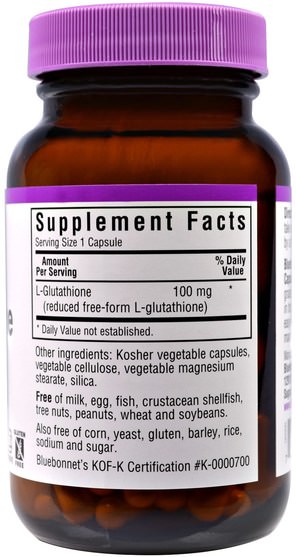 補充劑，l穀胱甘肽，氨基酸 - Bluebonnet Nutrition, L-Glutathione, 100 mg, 60 Veggie Caps