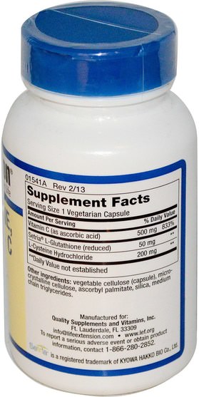 補充劑，l穀胱甘肽，氨基酸 - Life Extension, Glutathione, Cysteine & C, 100 Veggie Caps