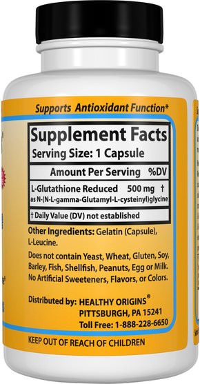 補充劑，l穀胱甘肽 - Healthy Origins, Setria, L-Glutathione Reduced, 500 mg, 60 Capsules