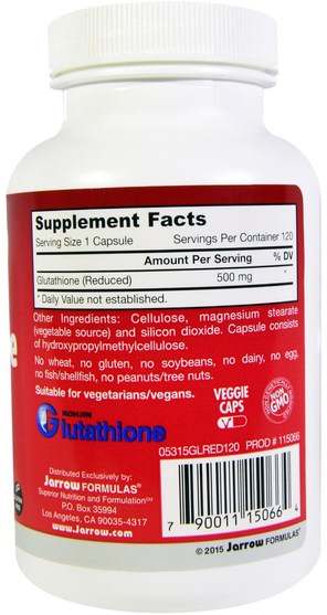 補充劑，l穀胱甘肽 - Jarrow Formulas, Glutathione Reduced, 500 mg, 120 Veggie Caps