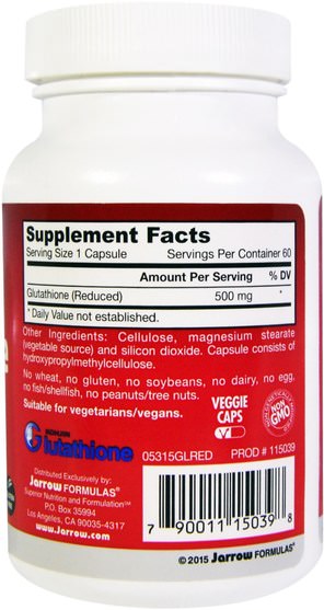 補充劑，l穀胱甘肽 - Jarrow Formulas, Glutathione Reduced, 500 mg, 60 Veggie Caps