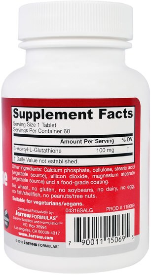 補充劑，l穀胱甘肽 - Jarrow Formulas, S-Acetyl L-Glutathione, 100 mg, 60 Tablets