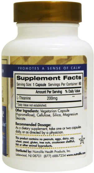 補充劑，茶氨酸，健康，情緒 - NutraLife, L-Theanine, 200 mg, 60 Capsules