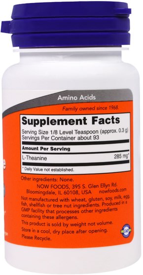 補充劑，茶氨酸 - Now Foods, L-Theanine, Pure Powder, 1 oz (28 g)