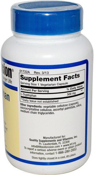 補充劑，l色氨酸，氨基酸 - Life Extension, L-Tryptophan, 500 mg, 90 Veggie Caps