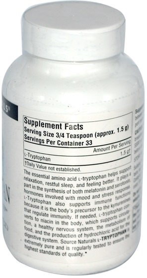 補充劑，l色氨酸，氨基酸 - Source Naturals, L-Tryptophan, 1.77 oz (50 g)