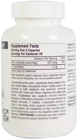 補充劑，l色氨酸，氨基酸 - Source Naturals, L-Tryptophan, 500 mg, 60 Capsules