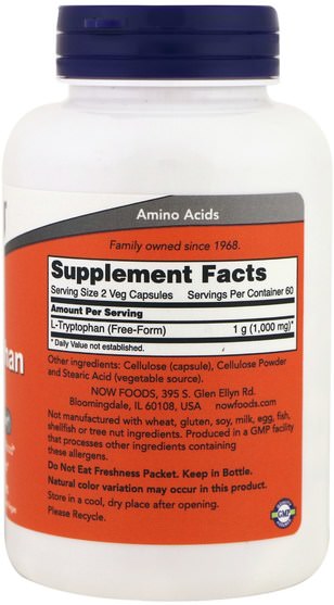 補充劑，l色氨酸 - Now Foods, L-Tryptophan, 500 mg, 120 Veg Caps
