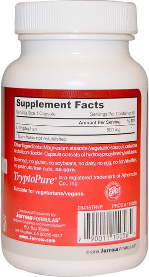 補充劑，l色氨酸，睡覺 - Jarrow Formulas, L-Tryptophan, 500 mg, 60 Veggie Caps
