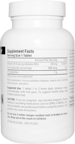 補充劑，l色氨酸 - Source Naturals, L-Tryptophan, 1.000 mg, 90 Tablets