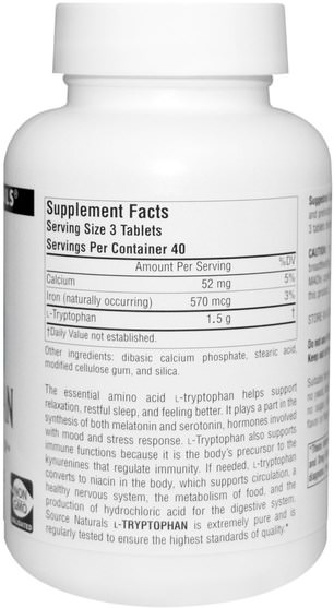 補充劑，l色氨酸 - Source Naturals, L-Tryptophan, 500 mg, 120 Tablets