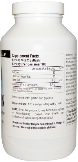補充劑，卵磷脂，氨基酸 - Source Naturals, Lecithin, 1.200 mg, 200 Softgels