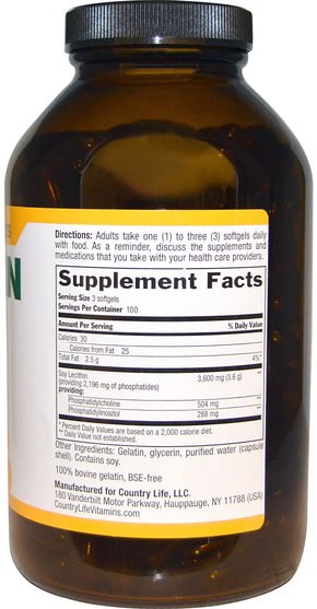 補充劑，卵磷脂 - Country Life, Lecithin, 1200 mg, 300 Softgels