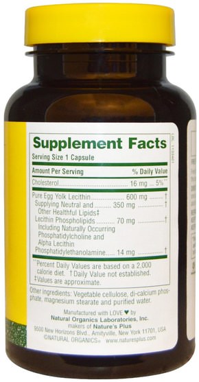 補充劑，卵磷脂，親脂性 - Natures Plus, Egg Yolk Lecithin, 600 mg, 90 Veggie Caps