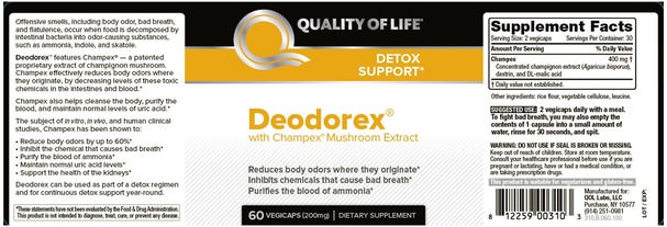 補充劑，藥用蘑菇，蘑菇蘑菇，健康，排毒 - Quality of Life Labs, Deodorex, With Champex Mushroom Extract, 200 mg, 60 Veggie Caps
