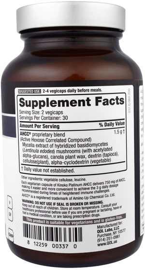 補品，藥用蘑菇，ahcc，健康，免疫支持 - Quality of Life Labs, Kinoko Platinum AHCC, Immune Support, 750 mg, 60 Veggie Caps