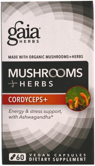 補充劑，藥用蘑菇 - Gaia Herbs, Mushrooms + Herbs, Cordyceps, 60 Veggie Caps