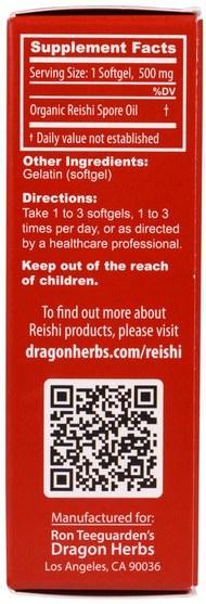 補充劑，藥用蘑菇，蘑菇膠囊，adaptogen - Dragon Herbs, Duanwood Reishi Spore Oil, 500 mg, 30 Softgels