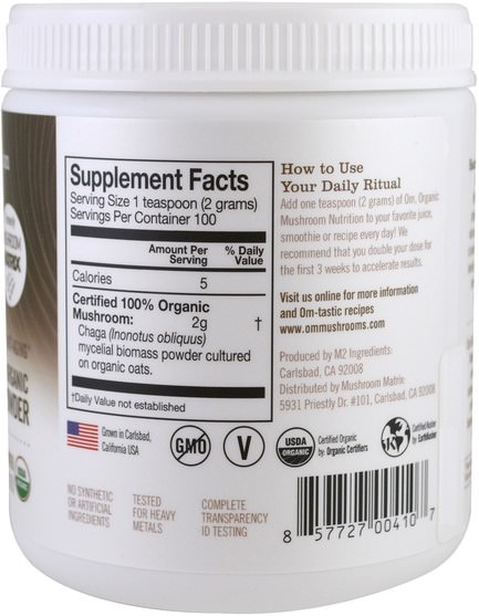 補充劑，藥用蘑菇 - Organic Mushroom Nutrition, Chaga, Mushroom Powder, 7.14 oz (200 g)