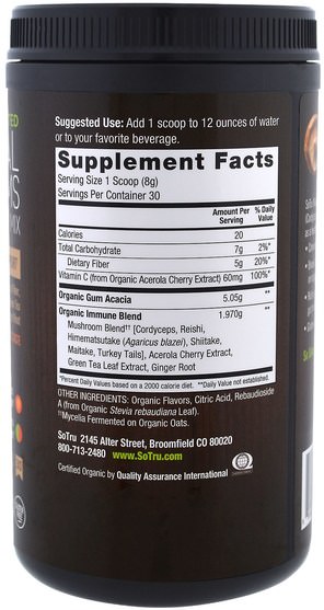 補充劑，藥用蘑菇 - SoTru, Organic Fermented, Medicinal Mushrooms Drink Mix, Stress & Immune Support, 8.46 oz (240 g)