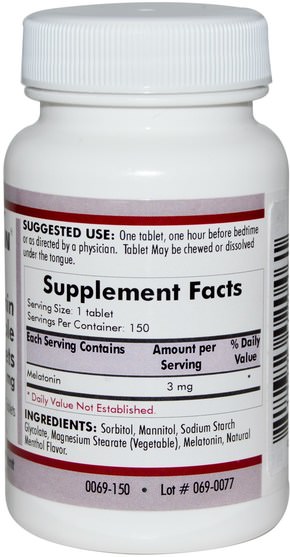 補充劑，褪黑激素3毫克 - Kirkman Labs, Melatonin Chewable Tablets, 3 mg, 150 Tablets