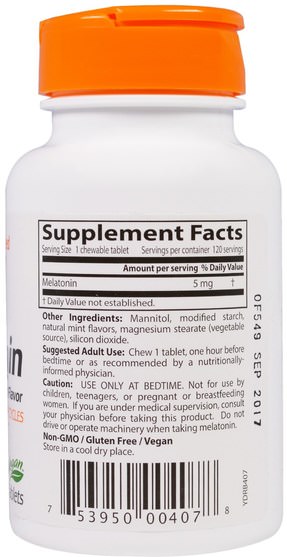 補充劑，褪黑激素5毫克 - Doctors Best, Melatonin, Natural Mint Flavor, 5 mg, 120 Chewable Tablets