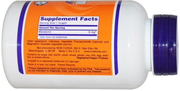 補充劑，褪黑激素5毫克 - Now Foods, Melatonin, 5 mg, 180 Veg Capsules