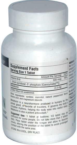 補充劑，褪黑激素複合物 - Source Naturals, Melatonin, 2.5 mg, Peppermint Flavored Sublingual, 240 Tablets