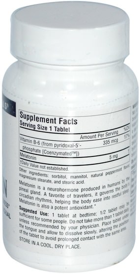 補充劑，褪黑激素複合物 - Source Naturals, Melatonin, 5 mg, Peppermint Flavored Sublingual, 200 Tablets