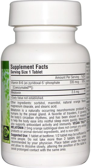 補充劑，褪黑激素複合物 - Source Naturals, Vegan True, Melatonin, Orange, 2.5 mg, 60 Tablets