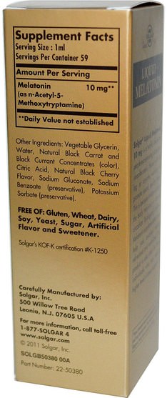 補充劑，褪黑激素液 - Solgar, Liquid Melatonin, Natural Black Cherry Flavor, 10 mg, 2 fl oz (59 ml)