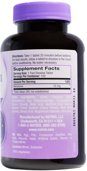 補充劑，褪黑激素 - Natrol, Melatonin Fast Dissolve, Citrus Punch Natural Flavor, 10 mg, 100 Tablets